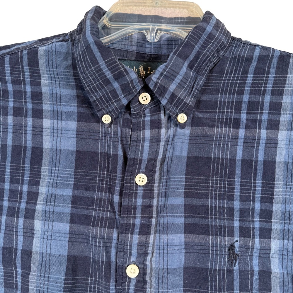 Polo Ralph Lauren Button Down Men Large Blue Plaid Silk Linen Custom Fit Shirt